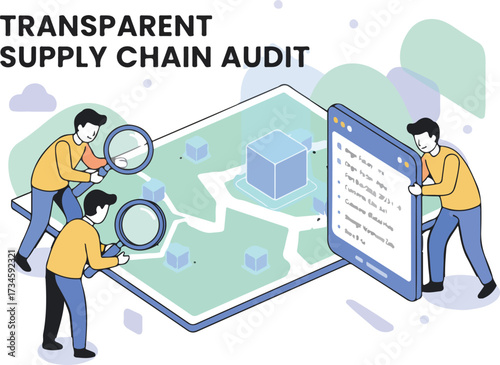Blockchain Supply Chain Transparency Vector Illustration. Wide Landscape Auditors Tracking Goods