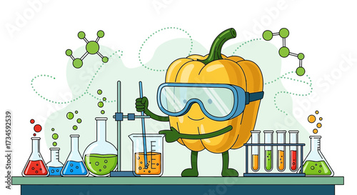 Illustration of a pepper character conducting a scientific experiment in a laboratory showcasing