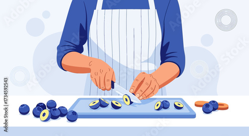 Illustration of a person cutting blueberries on a cutting board preparing healthy meal