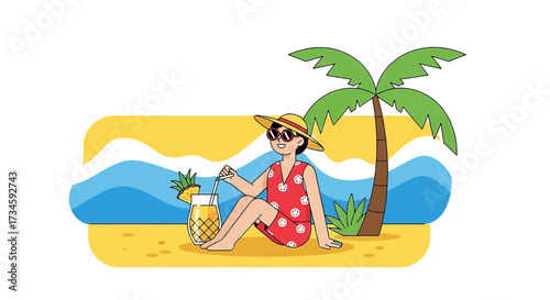 Illustration of a person relaxing on a beach with a tropical drink and palm tree enjoying summer