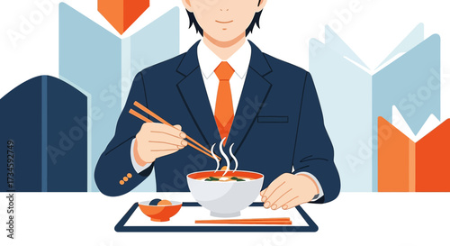 Illustration of a professional having japanese lunch during a break amidst study materials showing