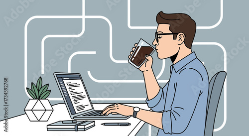Illustration of a programmer working on a laptop while drinking coffee at the desk