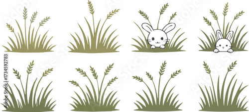 Vector art of cute cartoon bunnies hiding in grass illustration