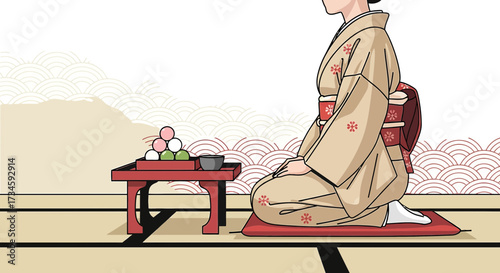 Illustration of a serene Japanese tea ceremony with a woman in a kimono kneeling