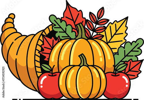 Cornucopia filled with autumn harvest fruits and leaves vector