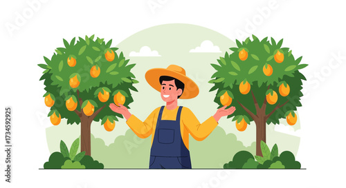Illustration of a smiling farmer standing proudly in an orange grove with trees ripe with fruit