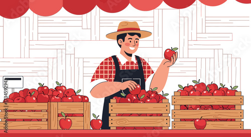 Illustration of a smiling farmer selling fresh red apples at a farmer's market stall scene
