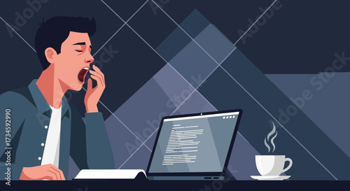 Illustration of a tired man yawning while working late at night on his computer in the office