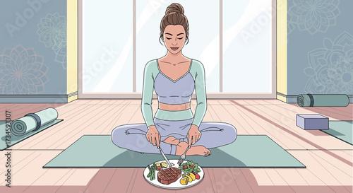 Illustration of a woman in lotus position eating steak after yoga practice in studio