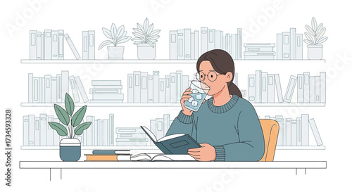 Illustration of a woman reading a book and drinking water in a cozy study area with bookshelves