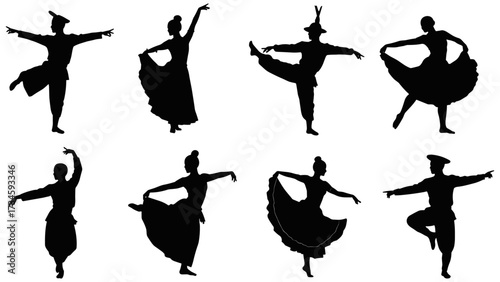 Dance, silhouette, ballet, folk, traditional, dancer, performance, movement, art, culture, vector, female, male, graceful, stage, ethnic, elegant, classical, isolated, costume