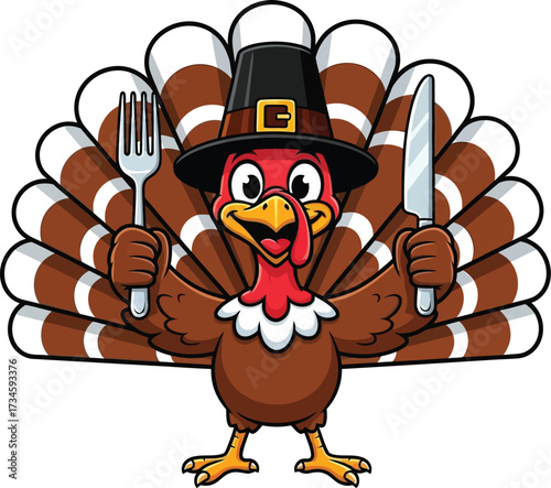 Thanksgiving turkey character wearing pilgrim hat holding fork and knife vector