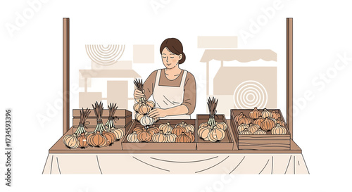 Illustration of a woman selling onions at a farmers market with a rustic and minimalist aesthetic