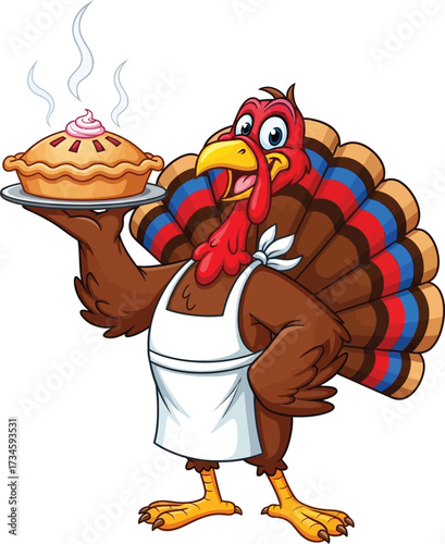 Smiling turkey chef presents delicious steaming pie for thanksgiving celebration vector