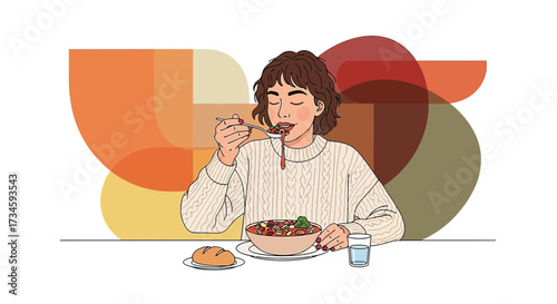 Illustration of a young woman enjoying a bowl of bean soup with bread and water indoors at lunch