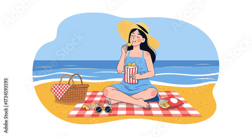 Illustration of a young woman enjoying a relaxing picnic at the beach on a sunny day