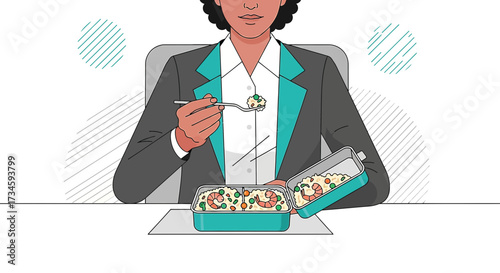 Illustration of professional woman enjoying a healthy shrimp lunch at her desk during office break