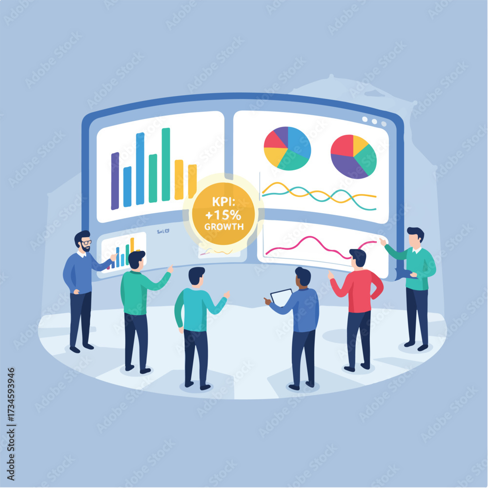 Obraz premium Data Visualization Business Reporting Dashboard Vector Illustration. Wide Landscape Analysts Presenting Metrics