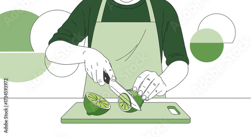 Illustrative image depicting a person slicing limes on a cutting board with a knife for beverage