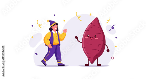 Joyful encounter with a sweet potato cartoon character during a festive occasion