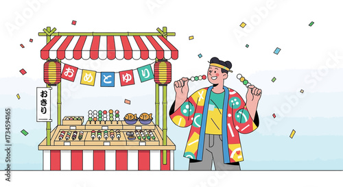Joyful festival: Smiling man enjoys dango skewers at a vibrant Japanese street food stall offering
