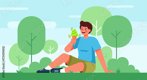 Man enjoying an ice cream cone sitting in the park on a warm summer day surrounded by green trees