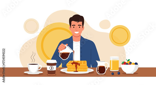 Man enjoying breakfast with waffles and syrup for a delightful start of the day illustration