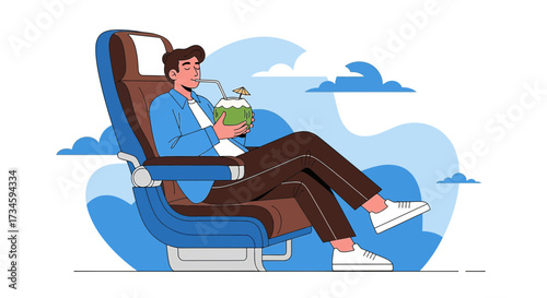 Man enjoying coconut drink on a plane travel, vacation and comfortable journey concept