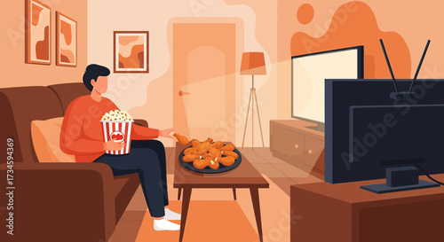 Man enjoying popcorn and fried chicken while watching television at home relaxing