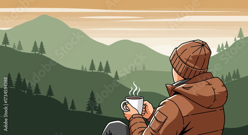 Man enjoys a moment of peace with coffee in the mountains a relaxing outdoor illustration