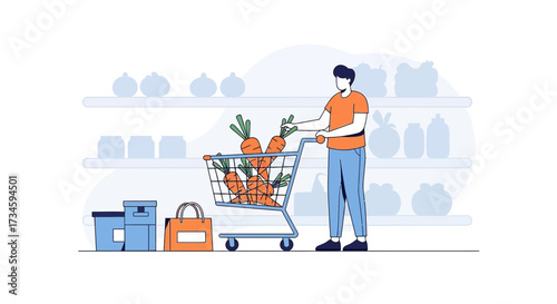 Man pushing shopping cart with carrots inside in a grocery store aisle illustration
