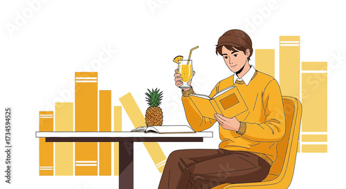 Man Reading a Book with Pineapple Juice in a Cafe Setting with Books in the Background