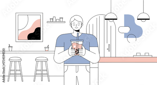 Minimalist illustration of a man enjoying boba tea in a modern cafe setting art style