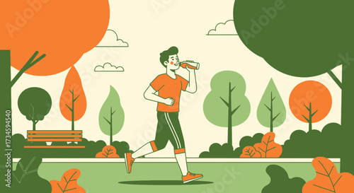 Man running and hydrating in a vibrant city park enjoying a healthy lifestyle