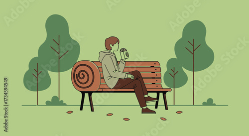 Minimalist vector art depicting a man relaxing on a park bench with a drink on a calm day