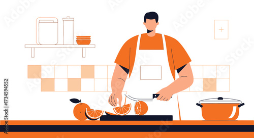 Minimalist illustration of a man in a kitchen preparing oranges for cooking food