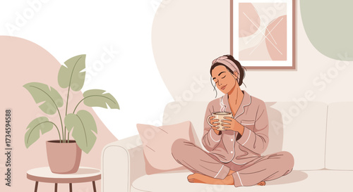 Morning serenity: woman enjoying coffee in pajamas with a serene and peaceful expression in a cozy