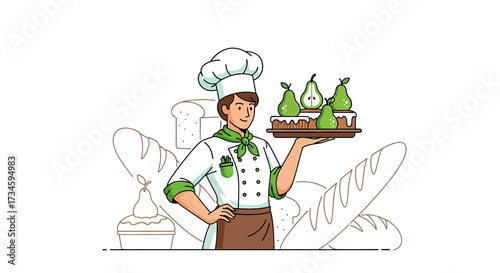 Professional baker proudly presenting a pear cake with an artistic bakery background design