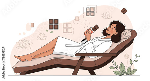 Relaxing moment: Woman in bathrobe enjoying chocolate on lounge chair at spa