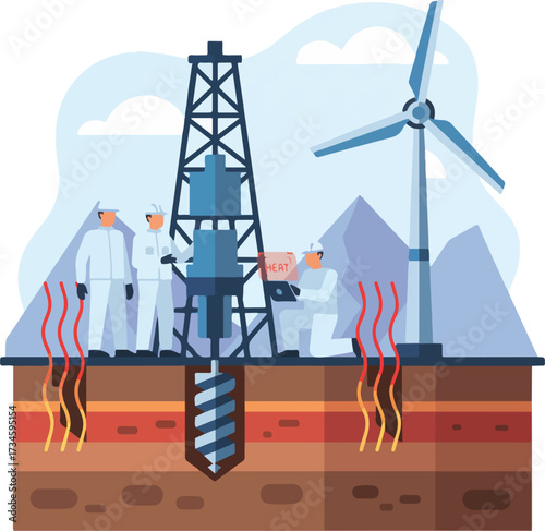 Geothermal Energy Harnessing Earth Heat Vector Illustration. Wide Landscape Engineers Drilling