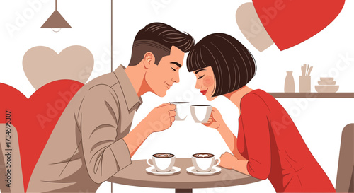 Romantic couple enjoys coffee at a café surrounded by love on Valentine's Day setting scene