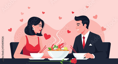 Romantic valentine's day dinner with elegant couple sharing asian noodle bowl with shrimps