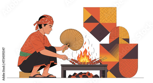 Satay vendor illustration, man grilling meat skewers in a traditional setting preparation vector art
