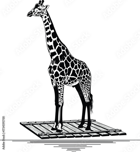 Graceful Giraffe Standing on Rustic Wooden Raft Silhouette Vector Illustration