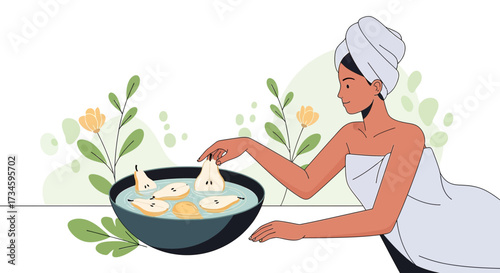 Spa day at home with fruit bath, a relaxing moment of personal care and rejuvenation, minimalist