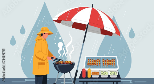 Street food vendor grilling skewers under an umbrella during a rainy day illustration