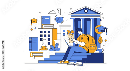 Student Life: Studying, Eating, and Learning on College Campus Illustration