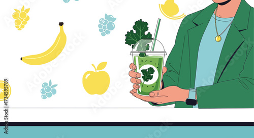 Stylish person holding a green smoothie with fruits background for healthy lifestyle