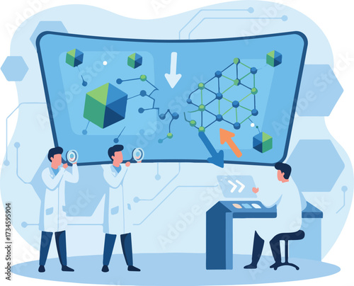 Nanotechnology Microscopic Repair Vector Illustration. Wide Landscape Scientists Directing Tiny Robots