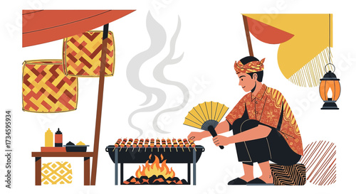 Traditional satay vendor grilling meat skewers with fire and smoke illustration